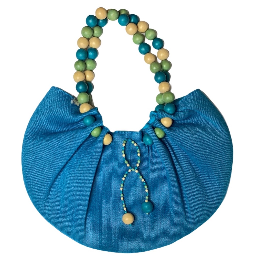 Blue textured fabric purse bag double wooden beads handles vacation vibes